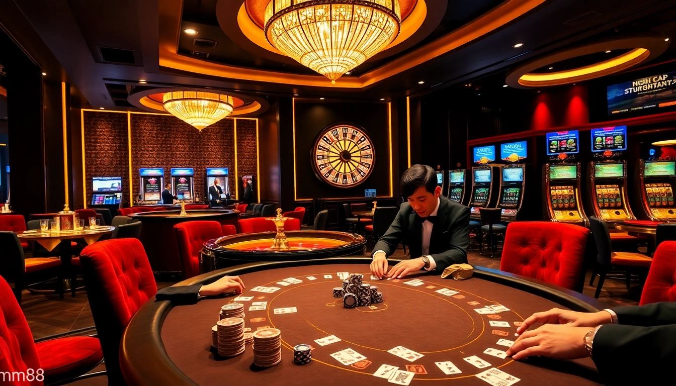 Experience the thrilling atmosphere at Nhà Cái mm88 with an exciting poker table and vibrant casino scene.