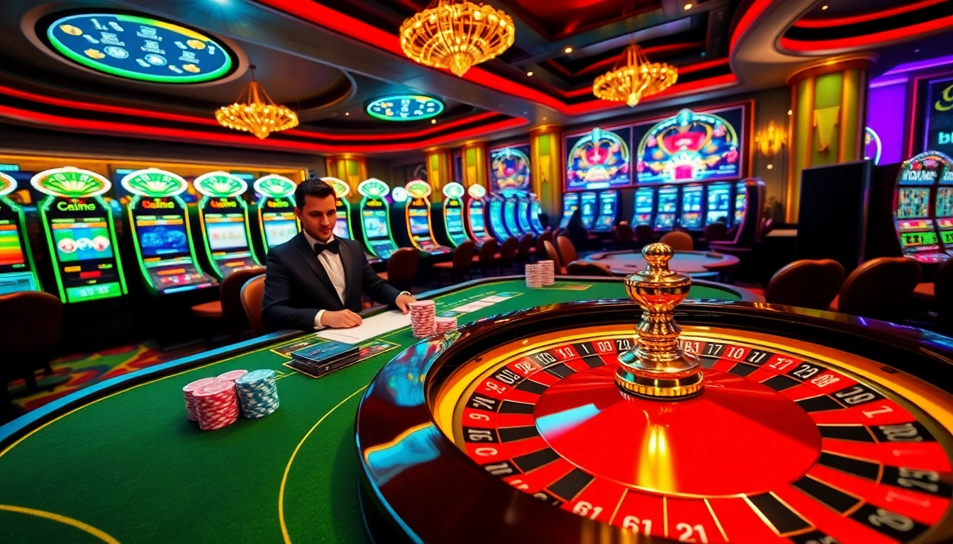 A dynamic casino scene showcasing high-stakes action at https://tt88edu.com/ with players engaged in table games and roulette.