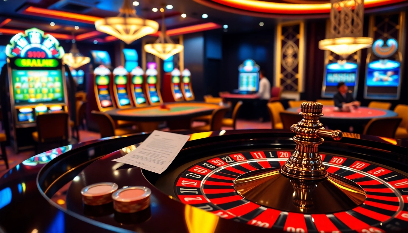 Players enjoying their bets at a stylish SAO BET casino, with roulette and poker tables alive with action.