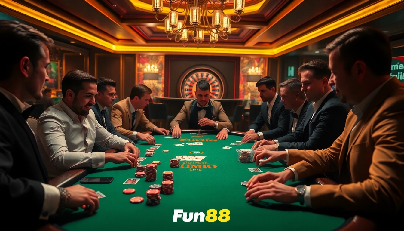Players thrill at a Fun88 link poker table, showcasing intense gameplay and vibrant casino atmosphere.