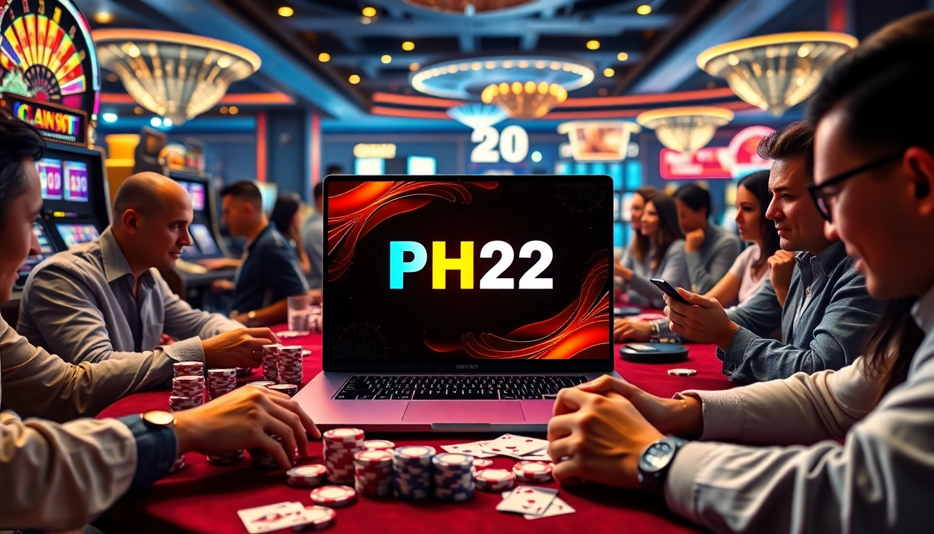 Engaging players at PH22 casino with vibrant slot machines and poker tables.