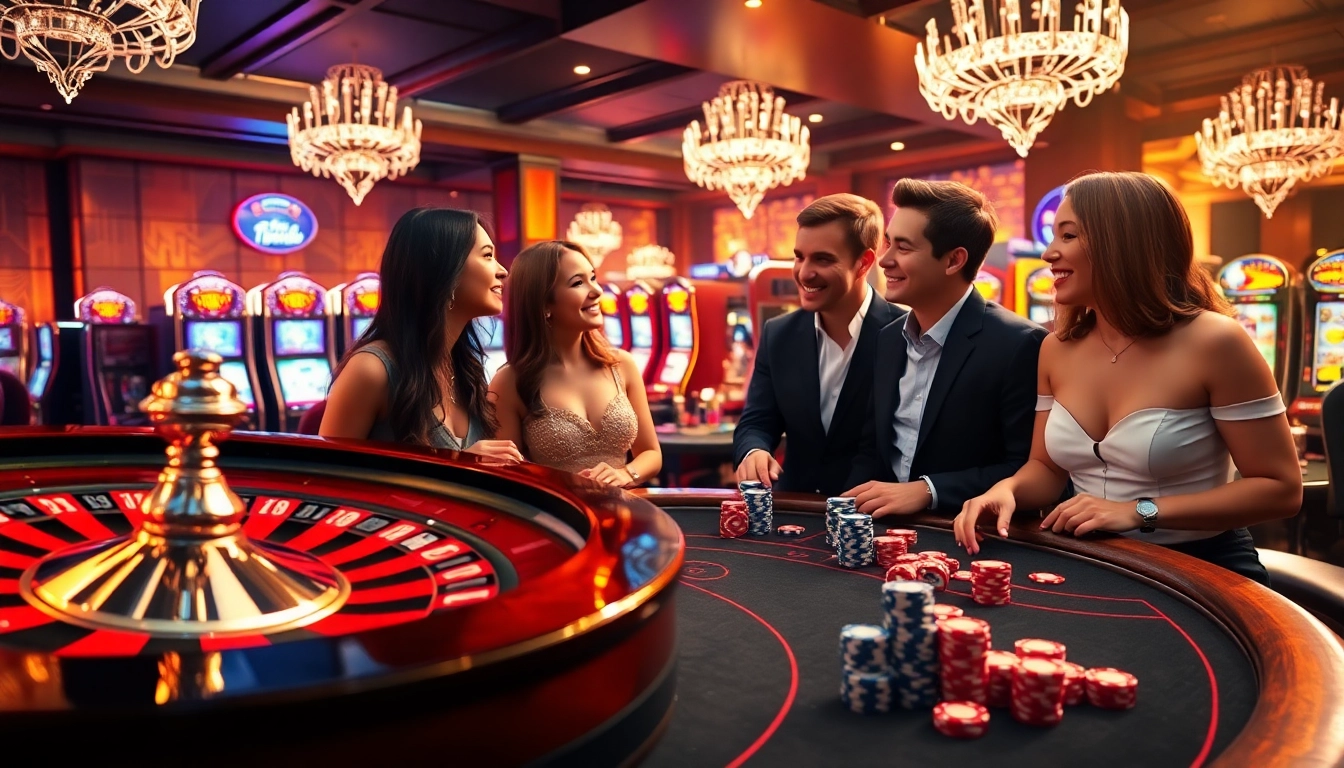 A thrilling action at trang chu 98win featuring a lively casino scene with poker chips and roulette wheel.