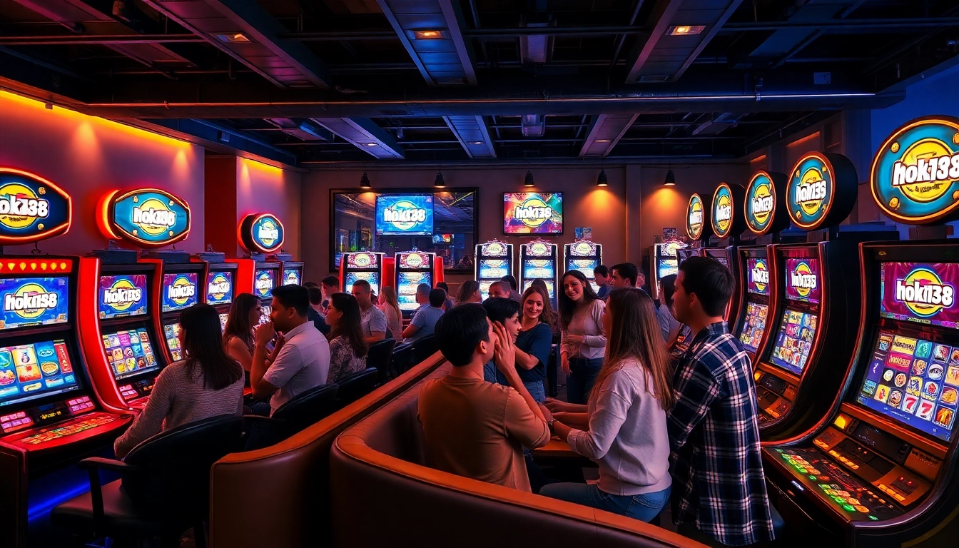 Exciting gaming scene showcasing friends enjoying hoki138 slots in a vibrant lounge.