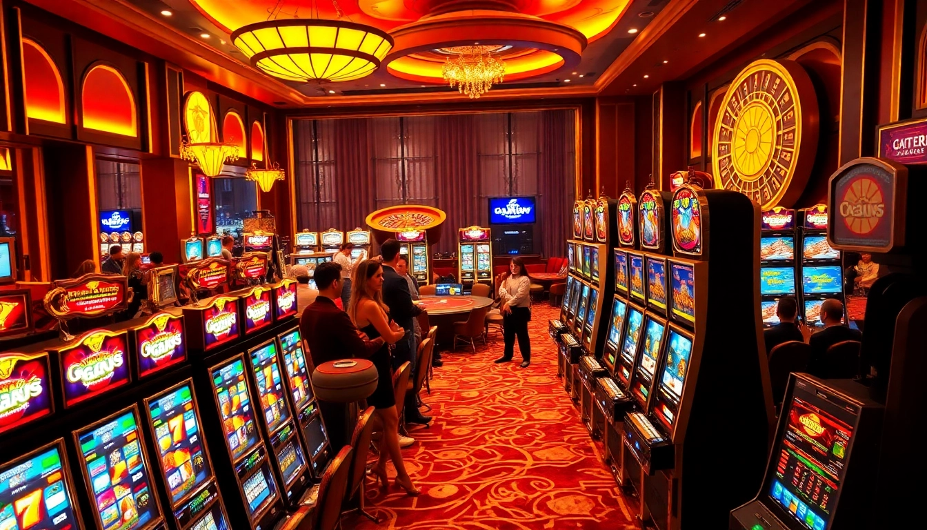 Players enjoying thrilling slots at RAJABARONG with vibrant machines and casino excitement.
