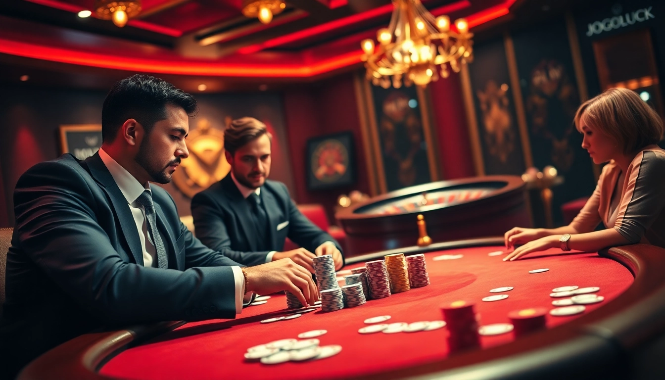 Exciting poker game scene featuring JOGOLUCK branding elements highlighting a luxury casino experience.