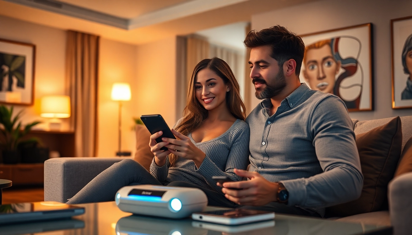 Couple exploring intimate conversations with AI technology in a modern living space, showcasing sex ai innovation.