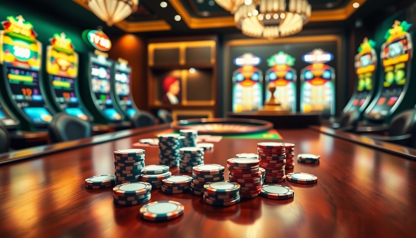 Experience the thrill of gambling at TV88 with a luxurious poker table and vibrant slot machines.