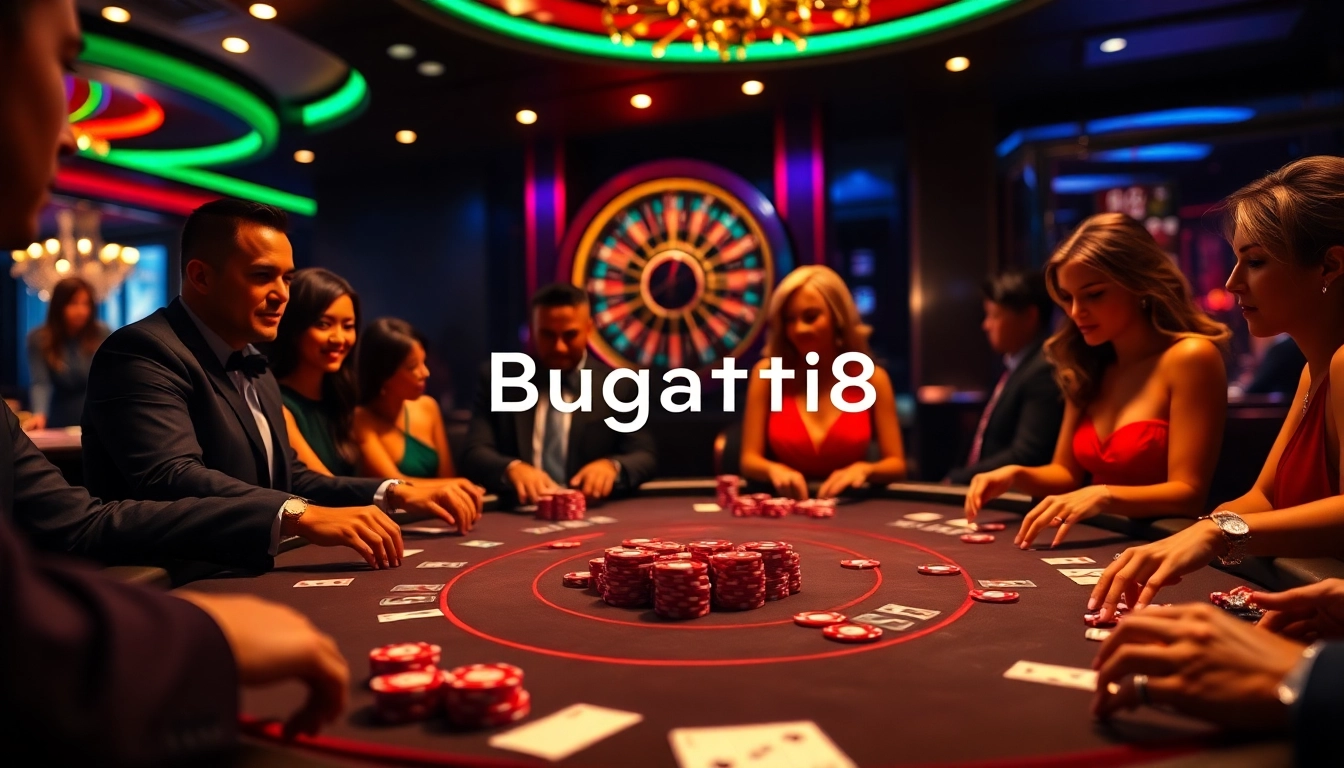 Experience the thrill of Bugatti8 as players engage in intense poker at a luxurious casino table.