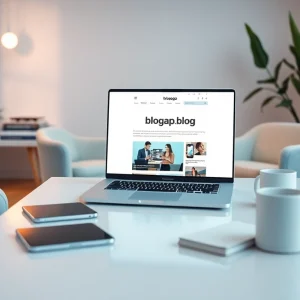 Modern workspace for blogging on blogapp.blog with laptop and plants.