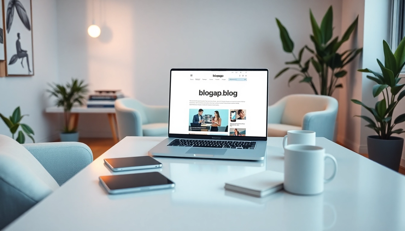 Modern workspace for blogging on blogapp.blog with laptop and plants.