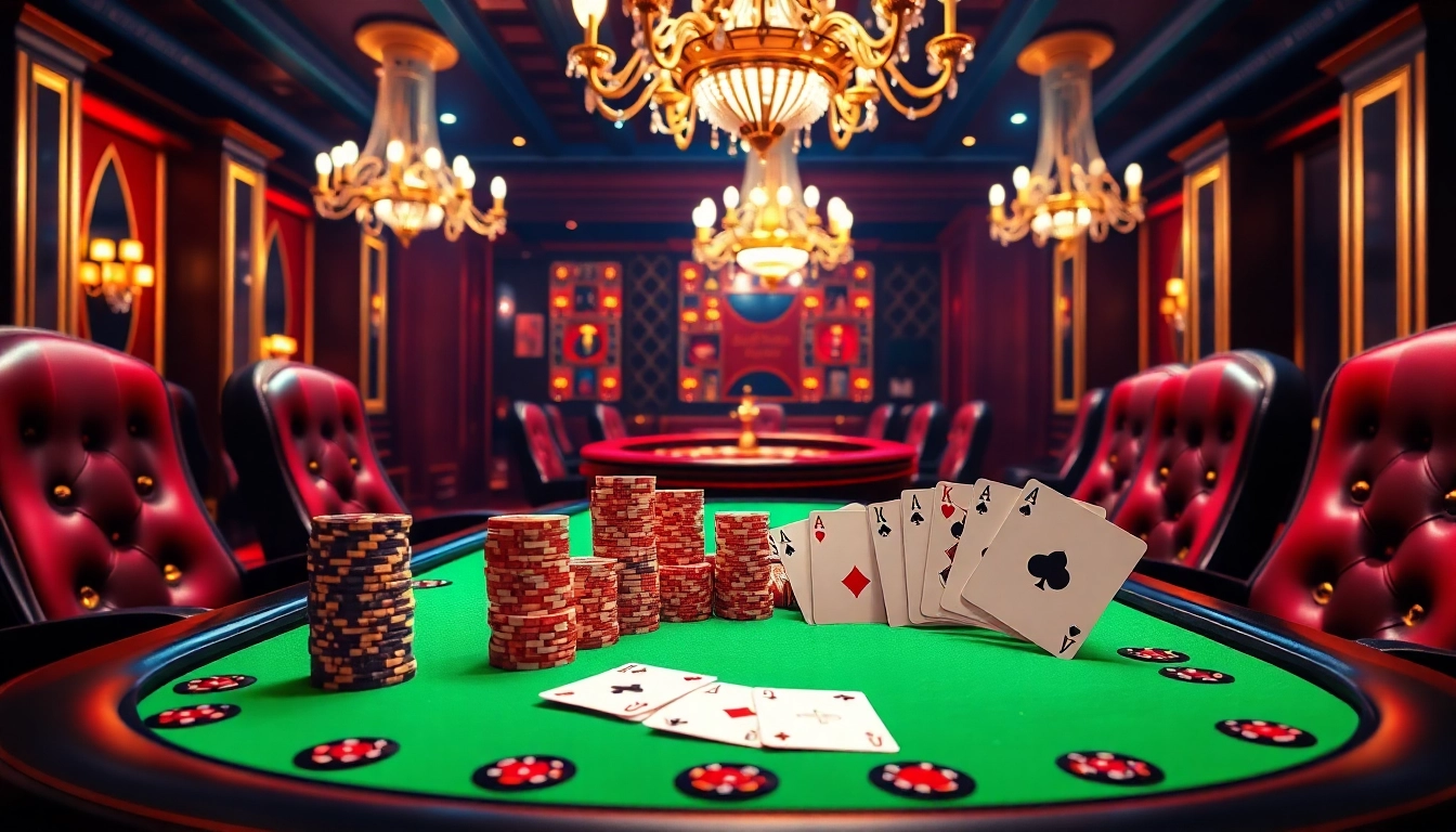 Hi88 poker table setup displaying vibrant chips and winning cards for a thrilling gaming experience.