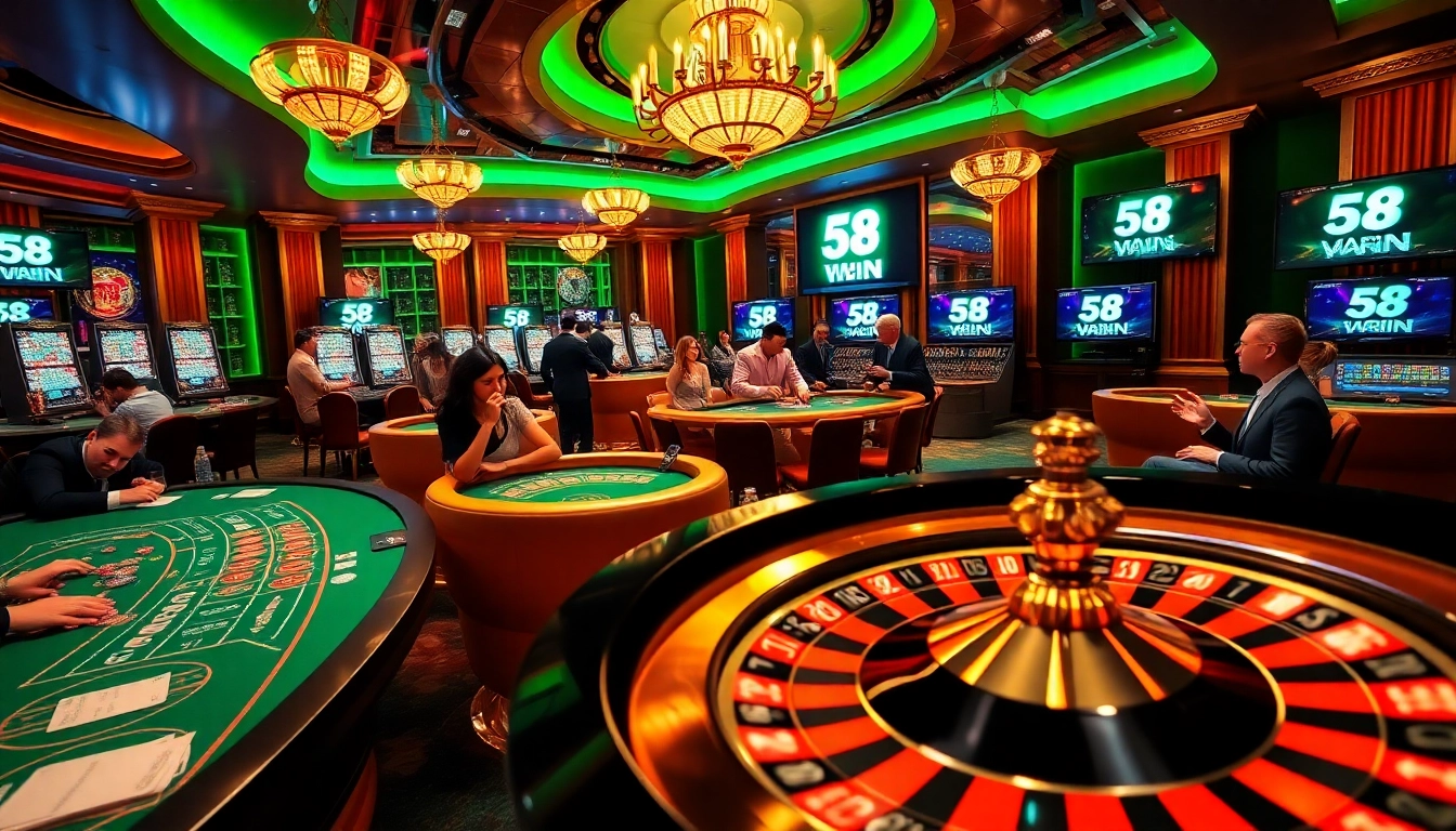Experience the thrill of 58 WIN through a luxurious casino scene filled with excitement and vibrant gambling activities.