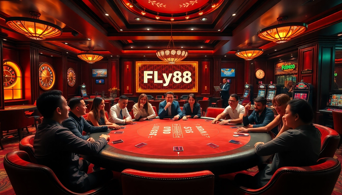 Experience excitement with FLY88 at a classy poker table amidst vibrant casino elements.