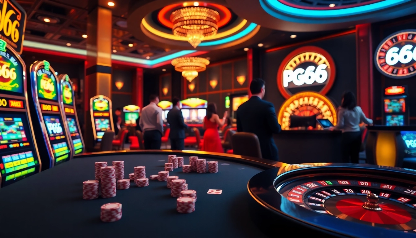 PG66 casino players enjoying a vibrant poker table with professional dealers in an exciting atmosphere.