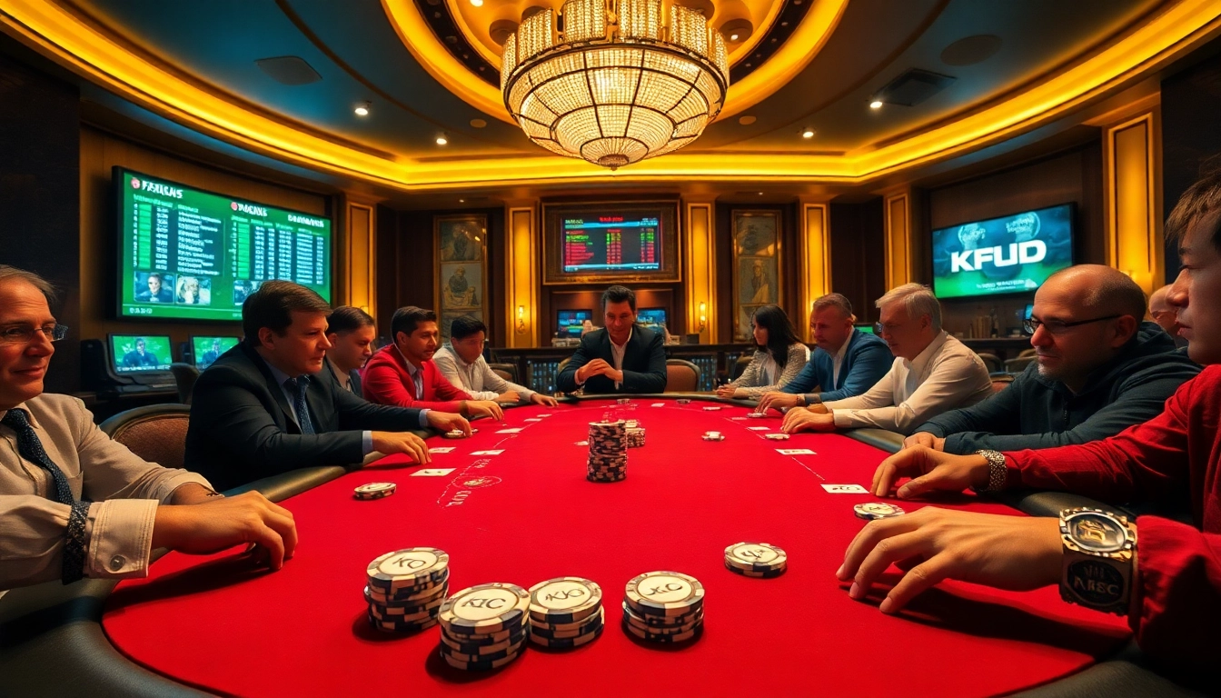 Players enjoying high-stakes poker at a KJC-branded casino table with vibrant lighting.