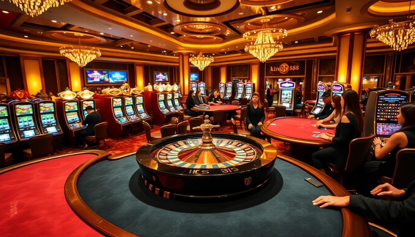 Players celebrate their wins at king88's luxurious casino atmosphere with roulette and poker.