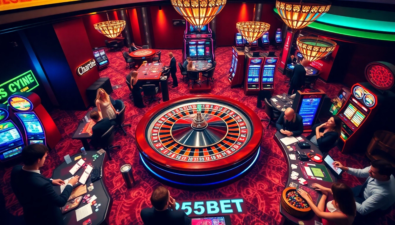 Experience the excitement of 255BET at a vibrant casino floor with roulette wheels and slot machines.
