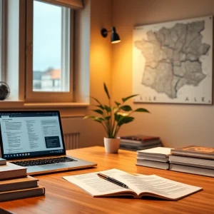 Espace de travail professionnel d'un traducteur assermenté à Lille avec du matériel de traduction et une ambiance chaleureuse.