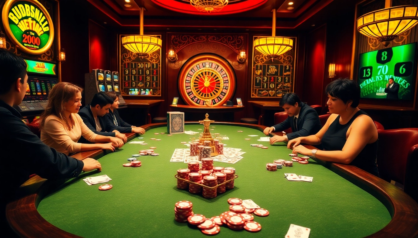 Exciting players engaging at a vibrant poker table at https://m88zo.com/ with colorful chips and cards.