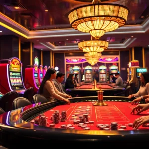 Experience high-stakes excitement at https://vnew88.vip/ with dynamic casino visuals featuring poker chips and betting tables.