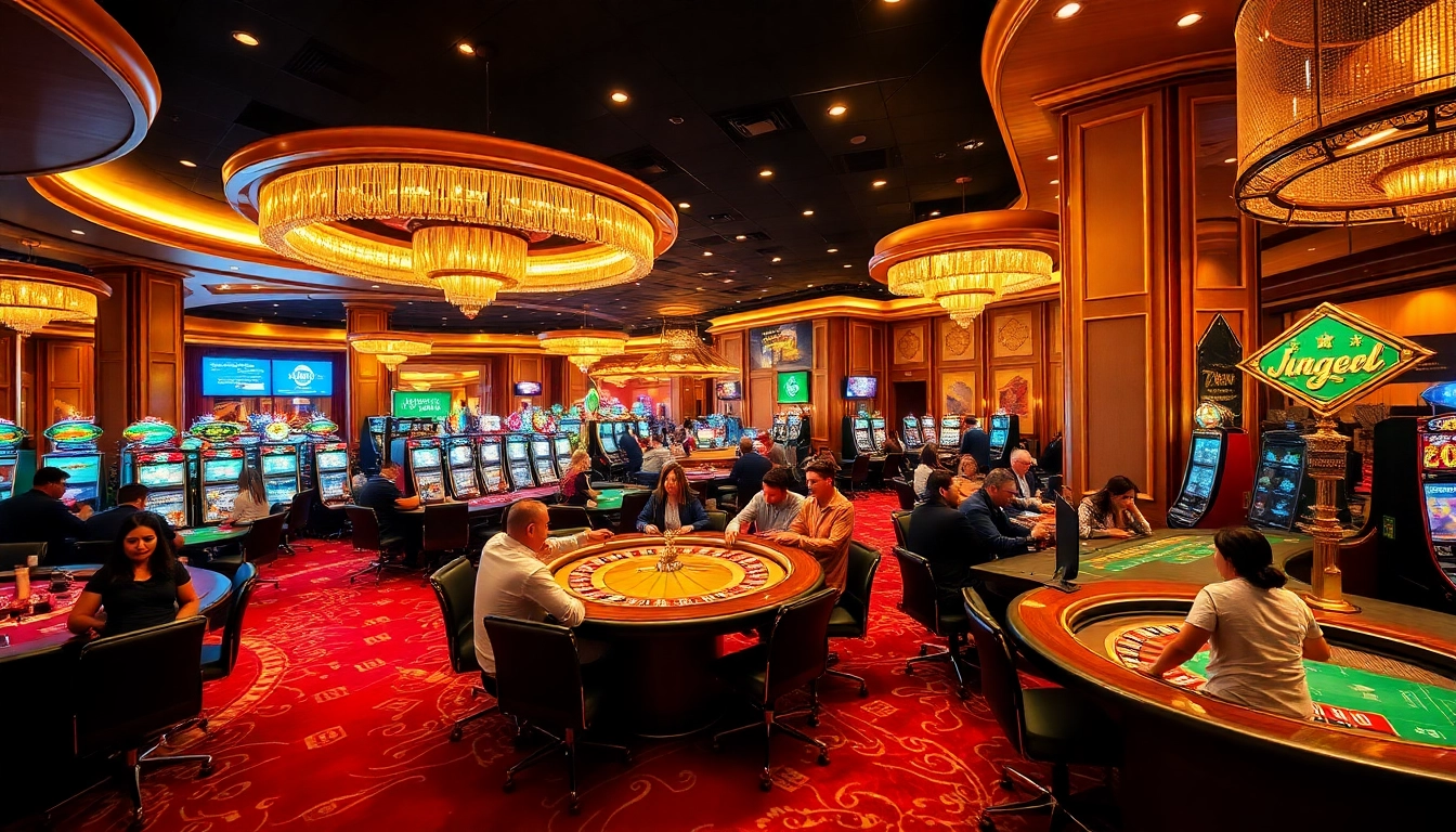 Bet big at https://king88b.us.com/ in a vibrant casino filled with roulette wheels and poker tables.