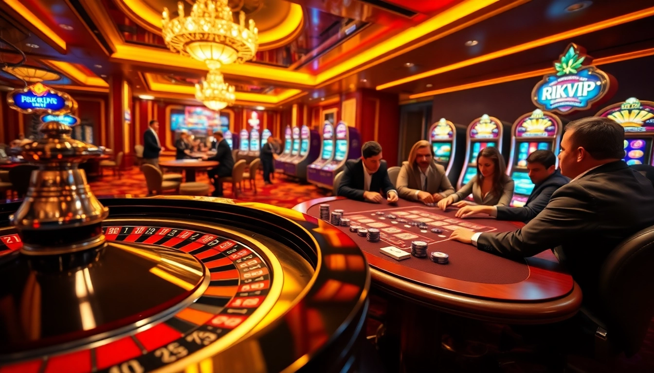 Experience thrilling gameplay at rikvip with players enjoying poker and roulette in a luxurious casino.