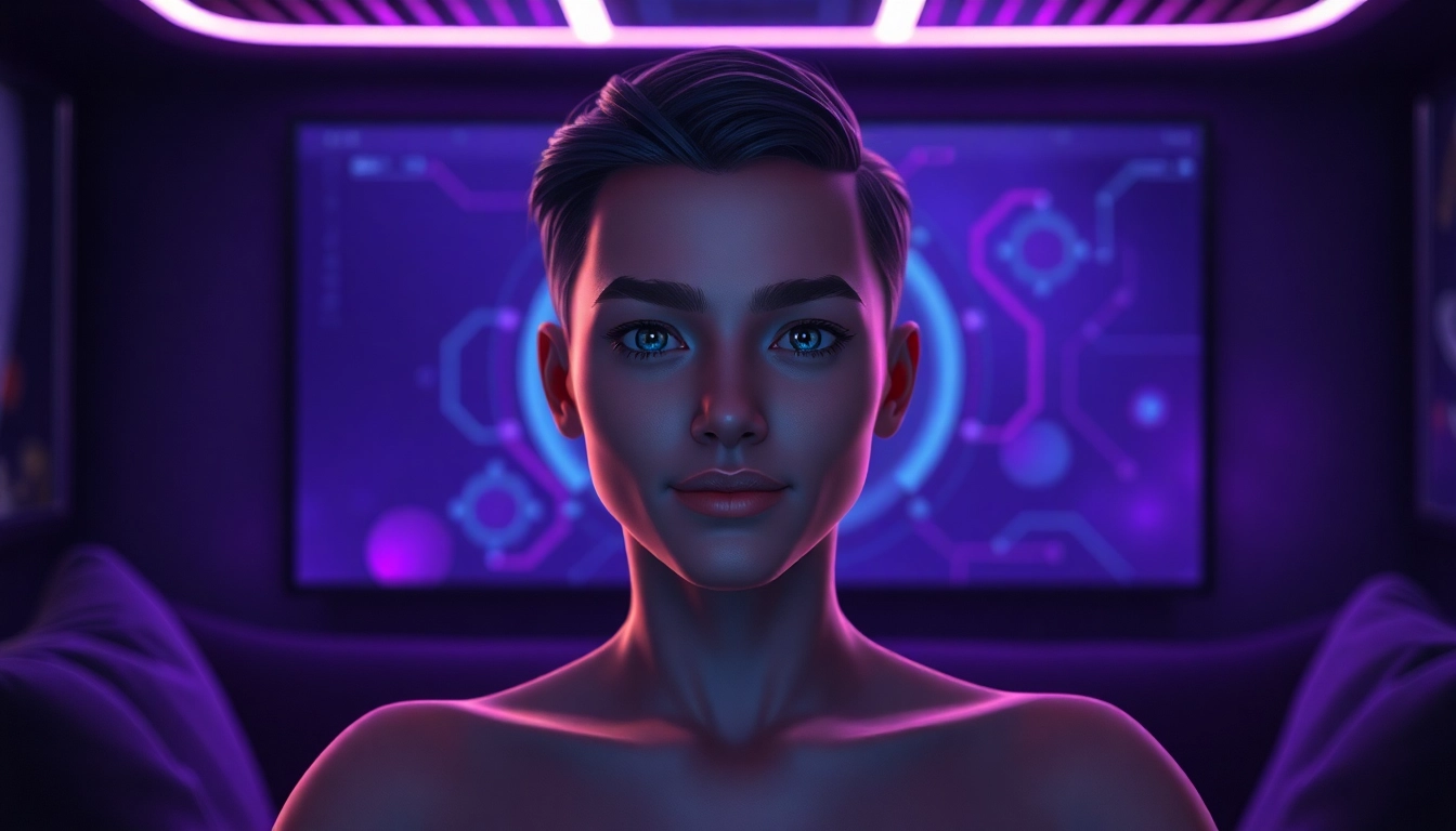 AI avatar in a modern lounge for engaging ai sex chat.