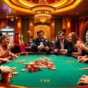 F168 casino players engaging in an exciting game with colorful chips and dice in action.