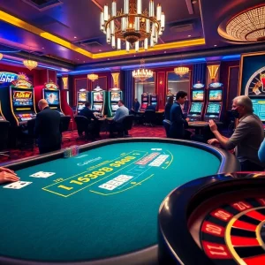 Captivating gaming scene at F168.STUDIO, showing intense casino action with roulette and blackjack tables.