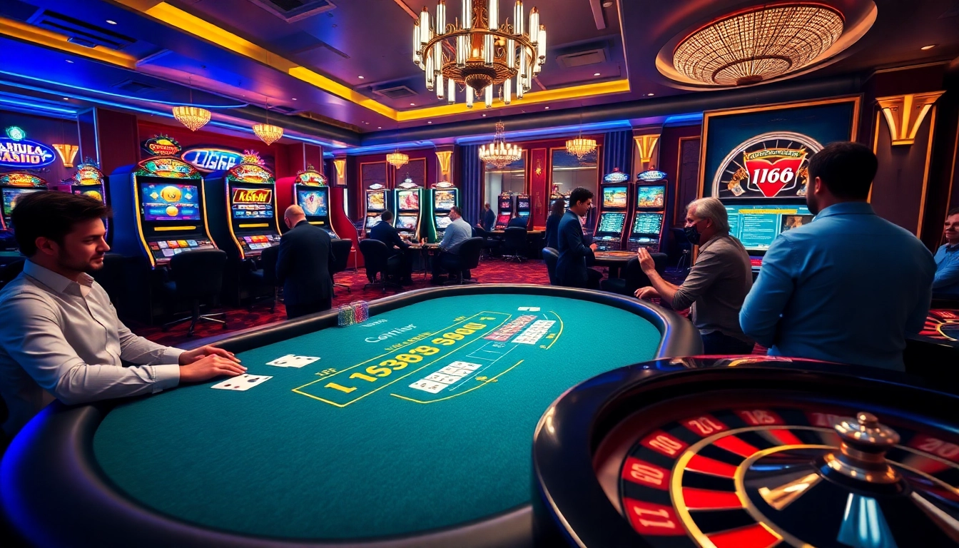 Captivating gaming scene at F168.STUDIO, showing intense casino action with roulette and blackjack tables.