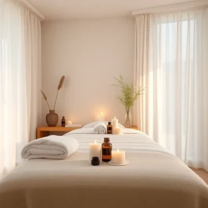 Spa Ads showcasing a tranquil treatment room with calming earth tones and inviting ambiance to attract clients.