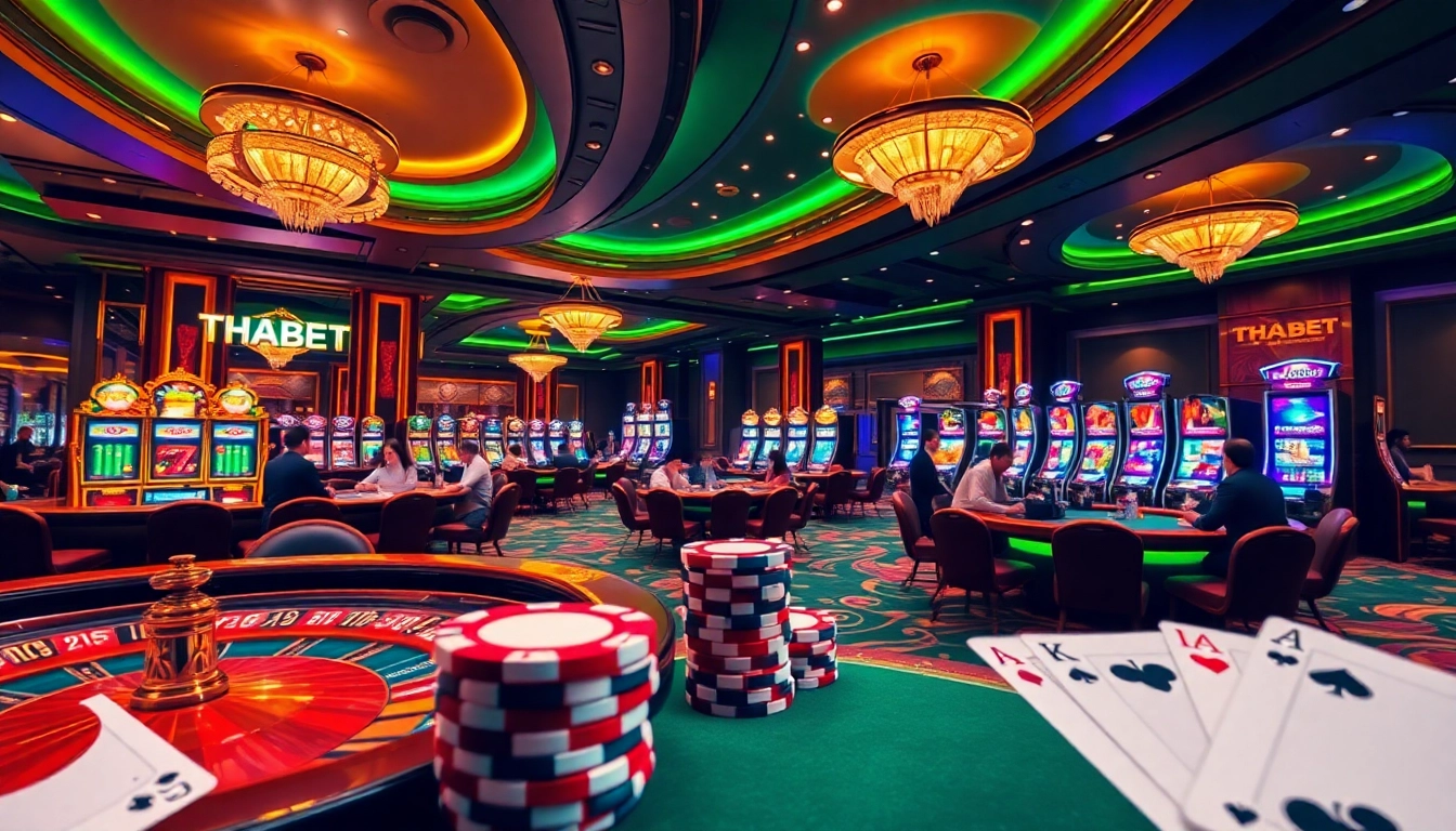 THABET casino gaming floor with excited players at roulette and blackjack tables.