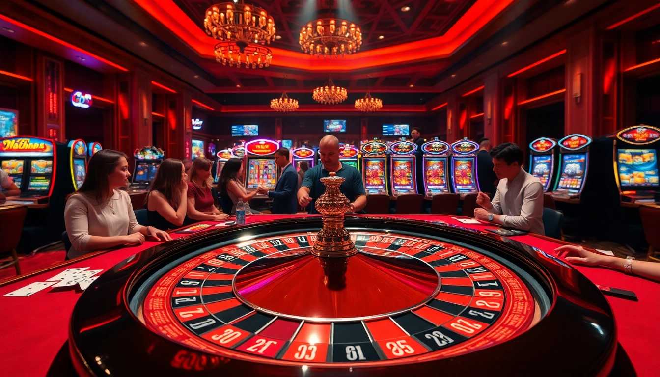 Gamblers enjoying a thrilling moment at a vibrant Go8 casino scene with roulette and slot machines.