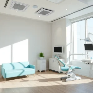 Acquistare uno studio dentistico: layout moderno dell'ufficio odontoiatrico che mostra un'area d'attesa accogliente e attrezzature all'avanguardia.