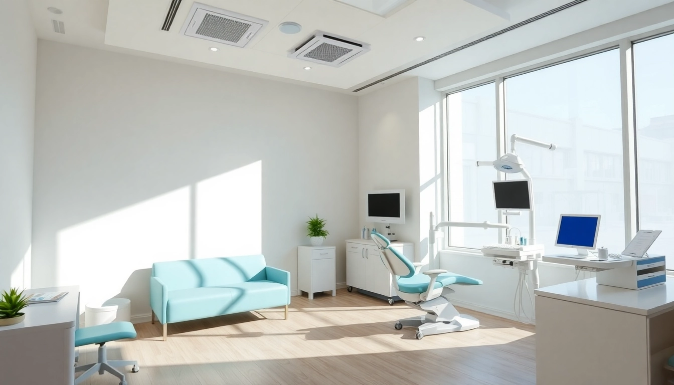 Acquistare uno studio dentistico: layout moderno dell'ufficio odontoiatrico che mostra un'area d'attesa accogliente e attrezzature all'avanguardia.