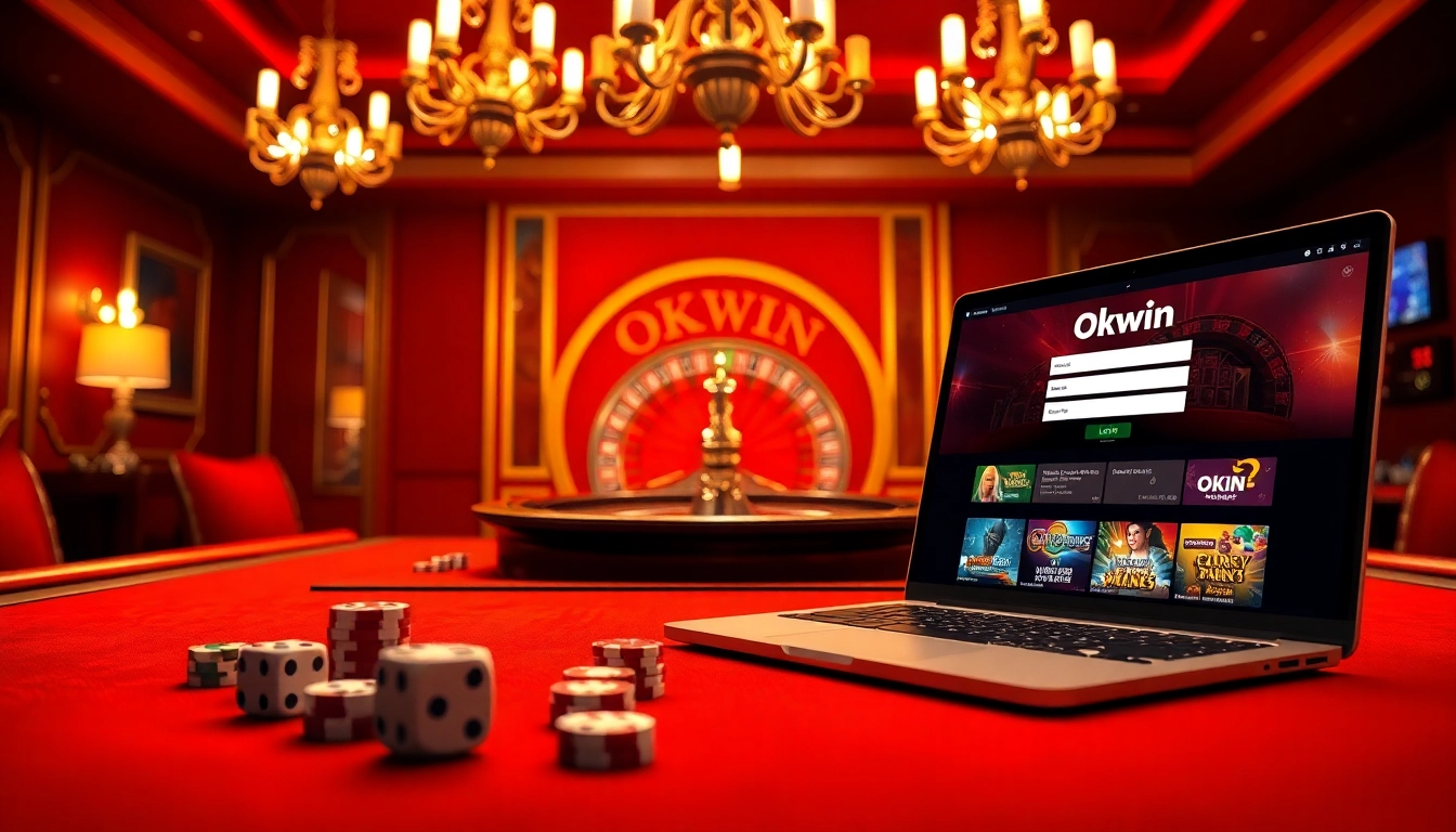 Experience the excitement of gambling at Okwin's luxurious online casino with vibrant gaming elements.