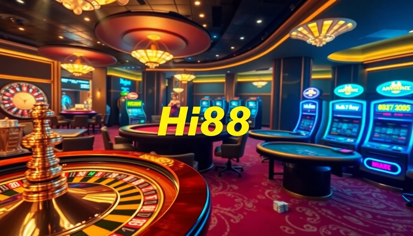 Experience the excitement of Nhà cái Hi88 with vibrant casino tables and gaming elements.