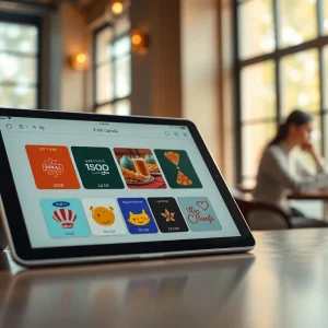아늑한 카페 환경에서 현대 태블릿에 표시된 다양한 상품권카드의 시각적 표현