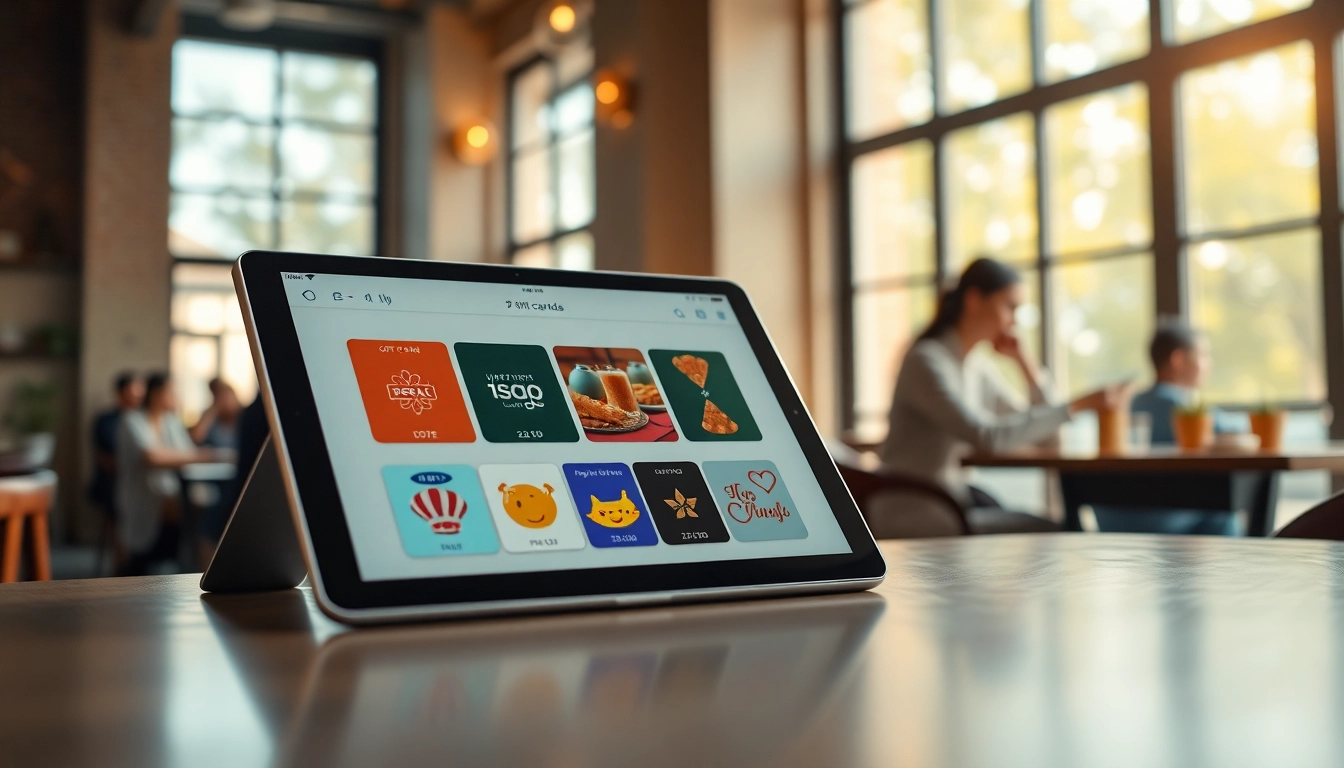 아늑한 카페 환경에서 현대 태블릿에 표시된 다양한 상품권카드의 시각적 표현