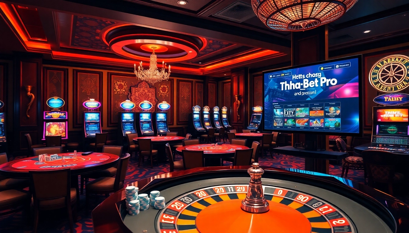 Experience the excitement at https://tha-bet.pro/ with an inviting luxury casino ambiance featuring gaming tables and slot machines.