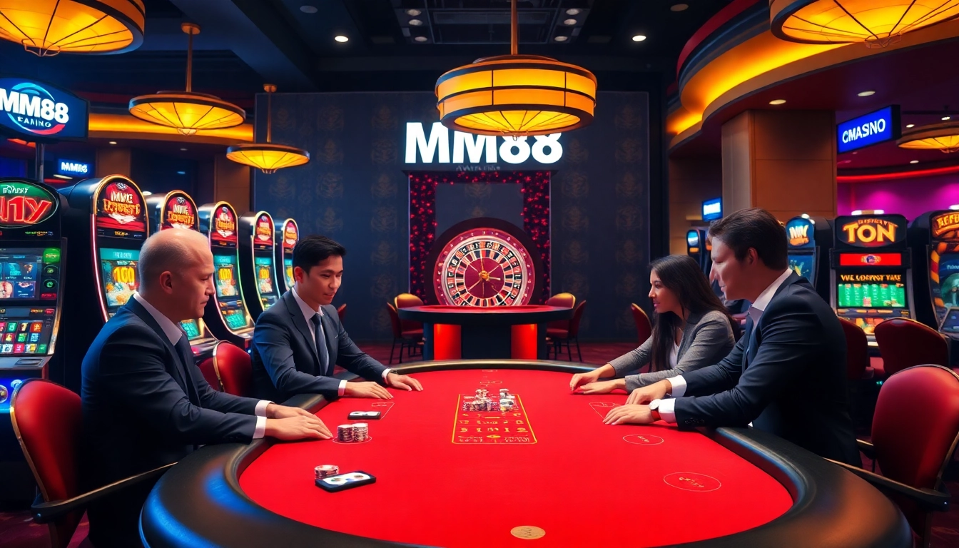 Gamblers enjoying MM88's exciting offerings at a vibrant and luxurious casino setting.