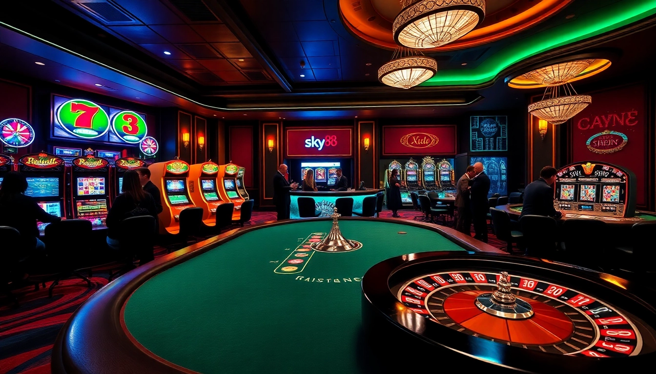 Experience the excitement of sky88 casino with players engaging at a luxurious poker table surrounded by vibrant slot machines.