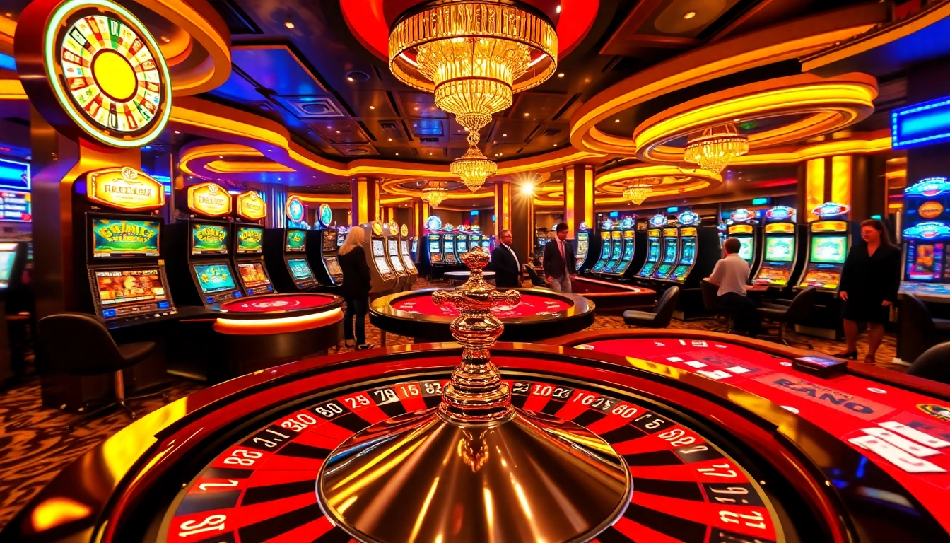 An exciting gaming atmosphere showcasing a roulette wheel and slot machines, featuring the link to w88 seamlessly in the scene.