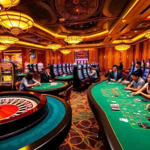 VSBET.com vibrant casino scene featuring roulette and poker tables, capturing the excitement of online gambling.