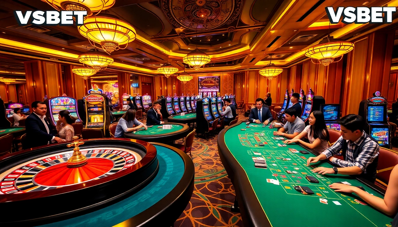 VSBET.com vibrant casino scene featuring roulette and poker tables, capturing the excitement of online gambling.