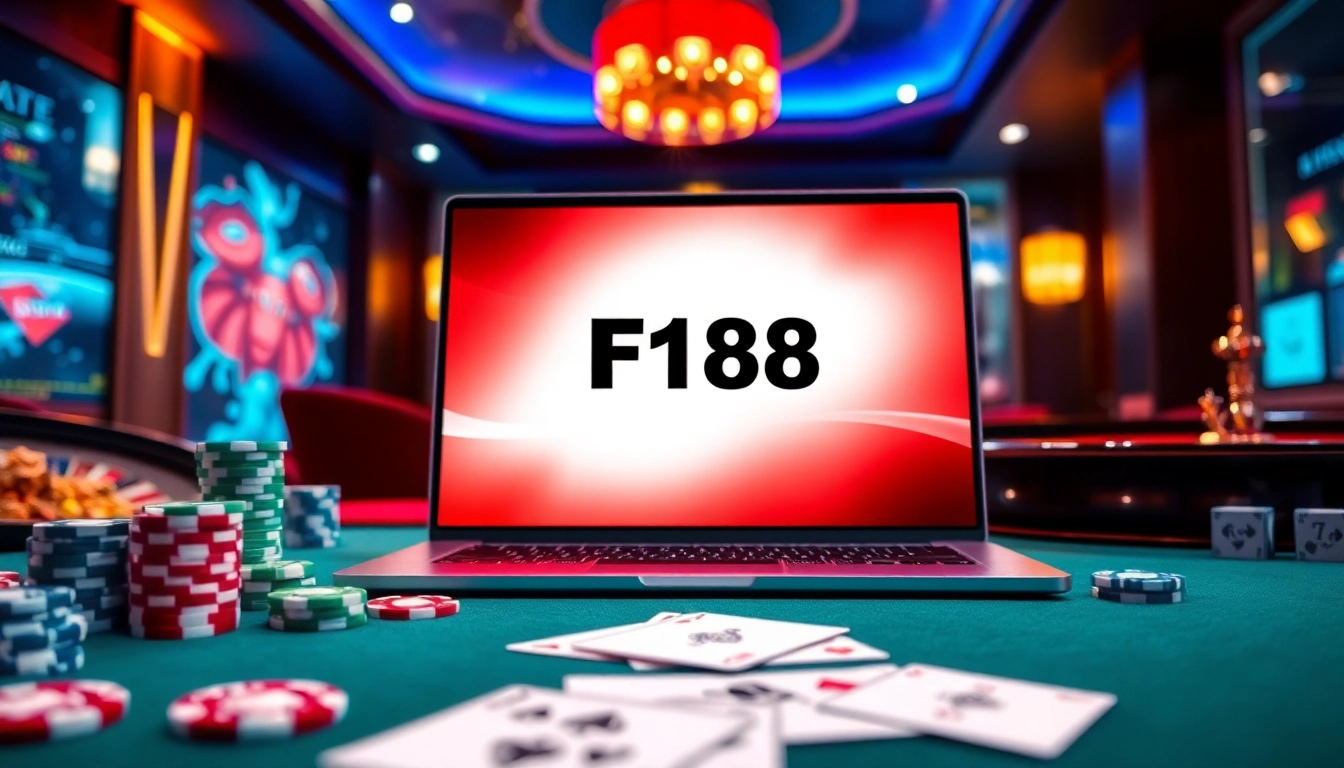 Experience excitement at F168 online casino with poker chips and a roulette wheel.