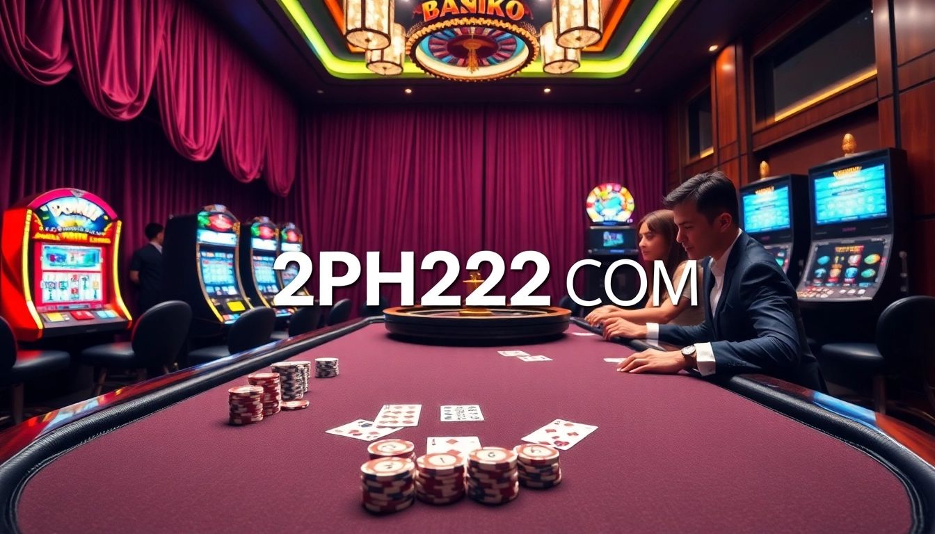 Exciting gameplay at a poker table featuring 2PH222 COM with colorful chips and cards.