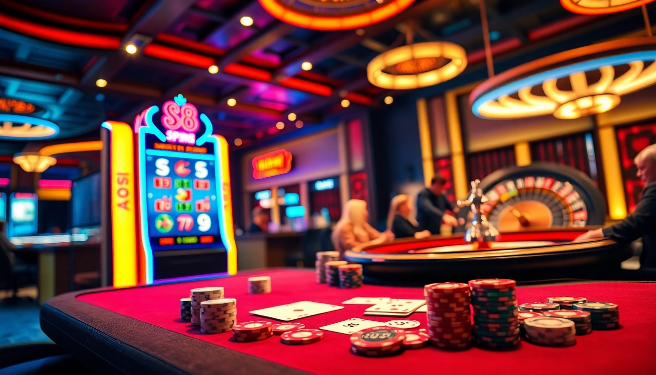 Experience excitement at the S8 gaming table with colorful chips and illuminated slot machines.