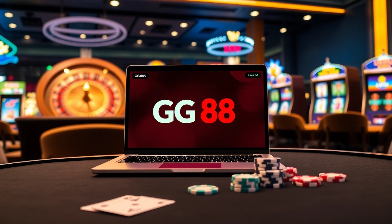 Engage in the excitement of GG 88 online casino with vibrant slot machines and a roulette wheel.
