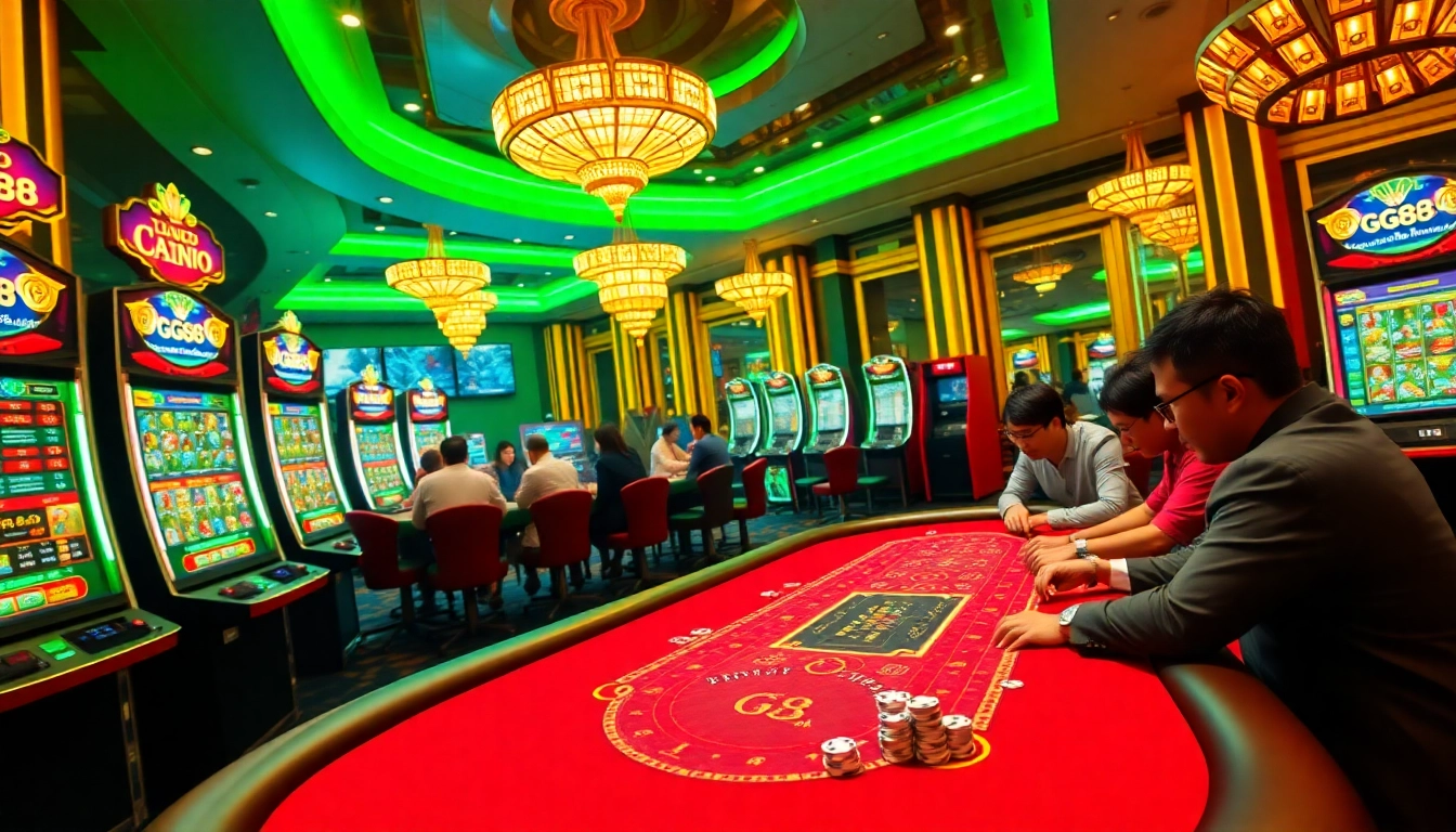 The GG88 online casino experience showcases players enjoying exciting games with vibrant slot machines.